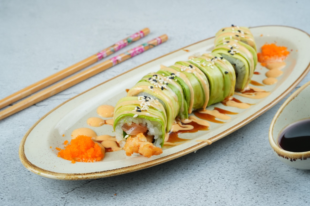 Shrimp Tail Roll - Avocado, torpedo shrimp, salmon and cucumber