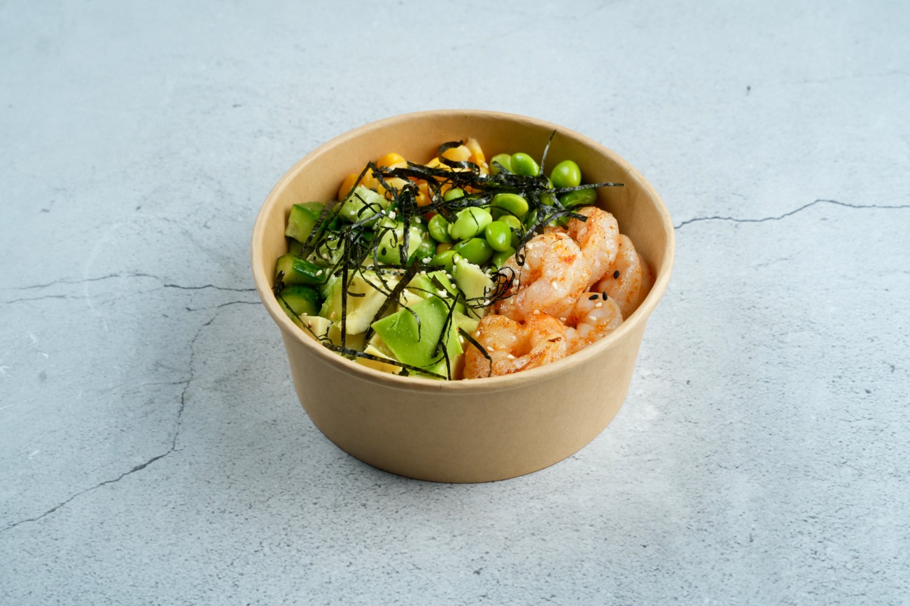 Poke Bowl With Shrimp - Shrimp, Edamame, Rice, Avocado, Cucumber, Nori, Sushi Rice, Corn, Spicy Mayo Sauce, Green Onion, Sesame Seeds