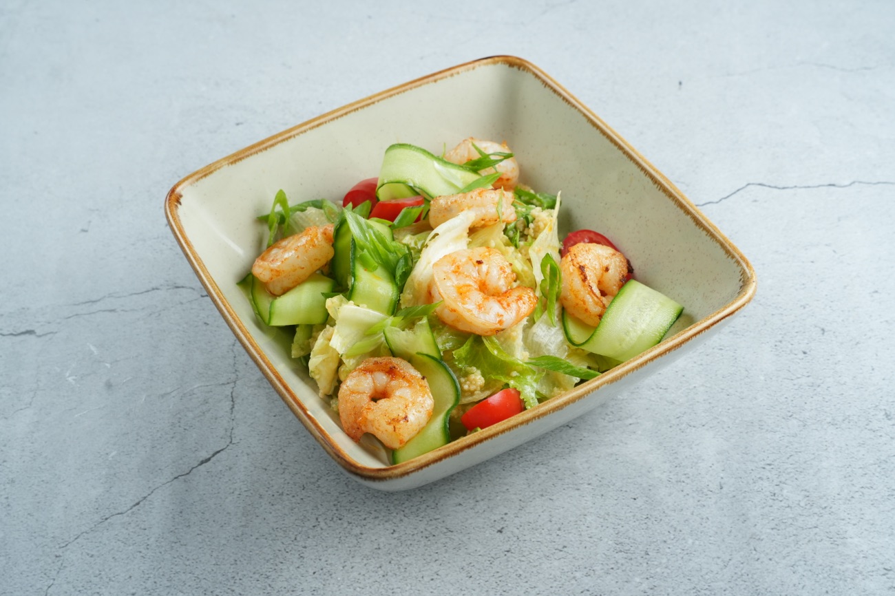 Fresh Salad with Shrimp and Couscous - Cherry Tomatoes, Mixed Salad, Cucumber, Couscous, Shrimp, Green Onion, Honey Mustard Dressing