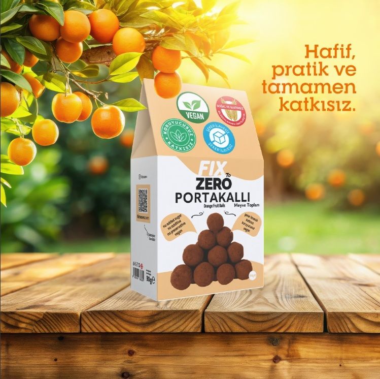 Fıx To Zero Portakallı Meyve Topları - Doğal ve Glutensiz, katkısız, koruyucusuz, şeker ilavesiz ve vegan portakallı meyve topları.