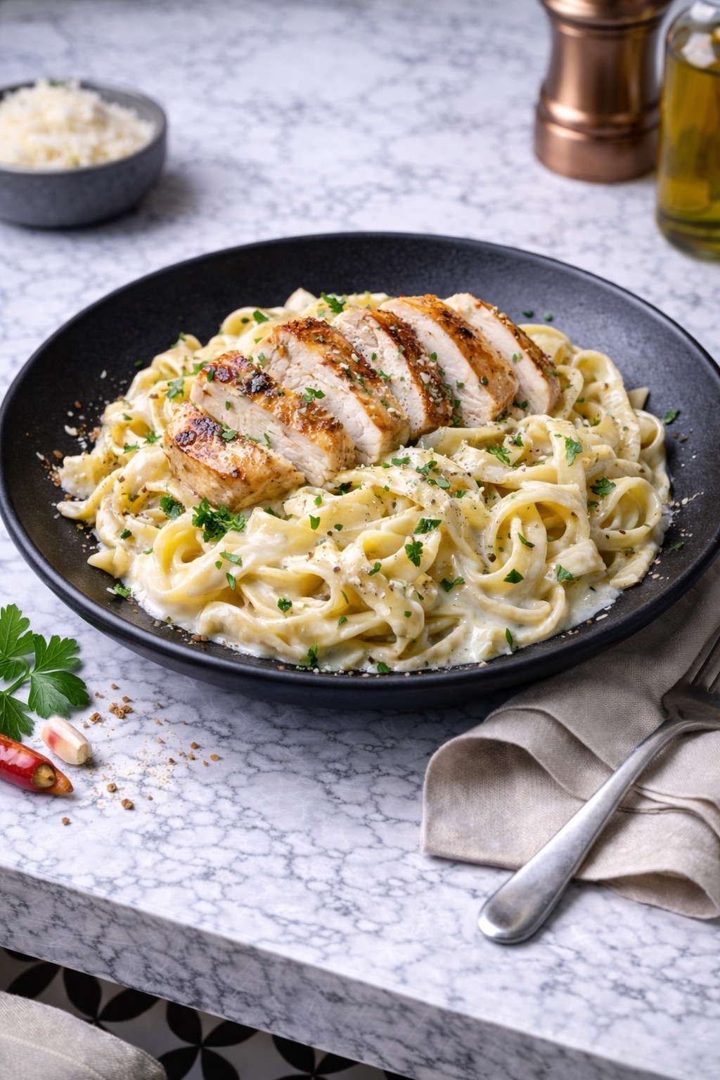 Fettuccine Alfredo - Parmesan ve ekmek ile servis edilir.