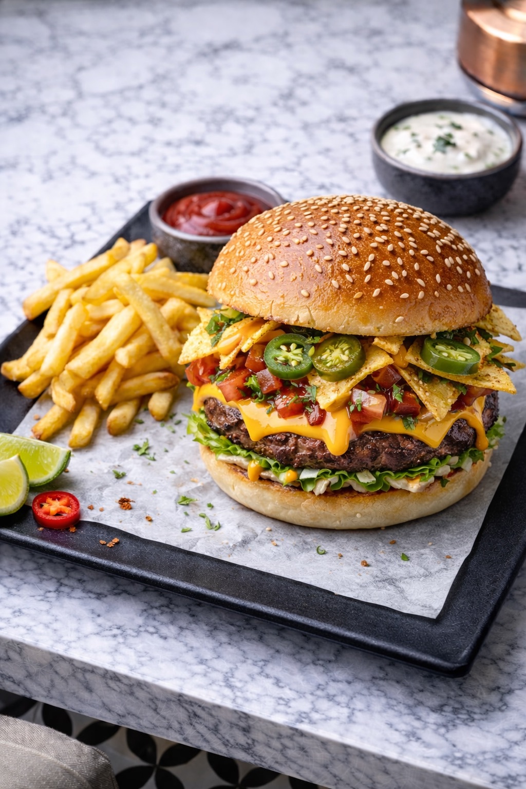 Mexican Burger - 150 gr dana köfte, patates kızartması ile servis edilir.
