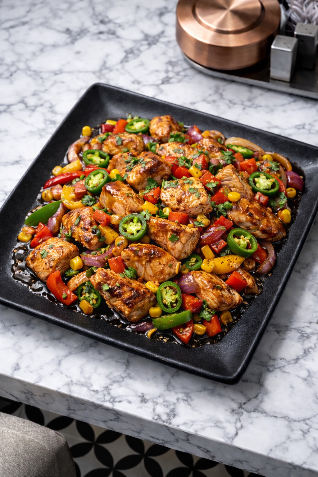 Mexican Tavuk - 150 gr tavuk, Meksika baharatları, mısır ve biber. Baharatlı patates ile servis edilir.