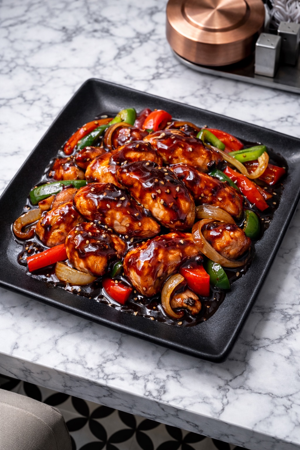 BBQ Soslu Tavuk - 150 gr tavuk göğsü, özel BBQ sos. Patates kızartması ile servis edilir.