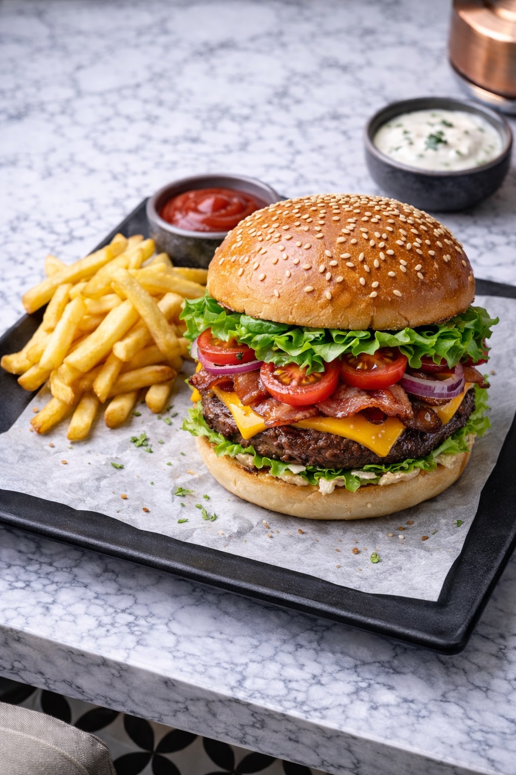 Hamburger - 150 gr dana köfte, patates kızartması ile servis edilir.