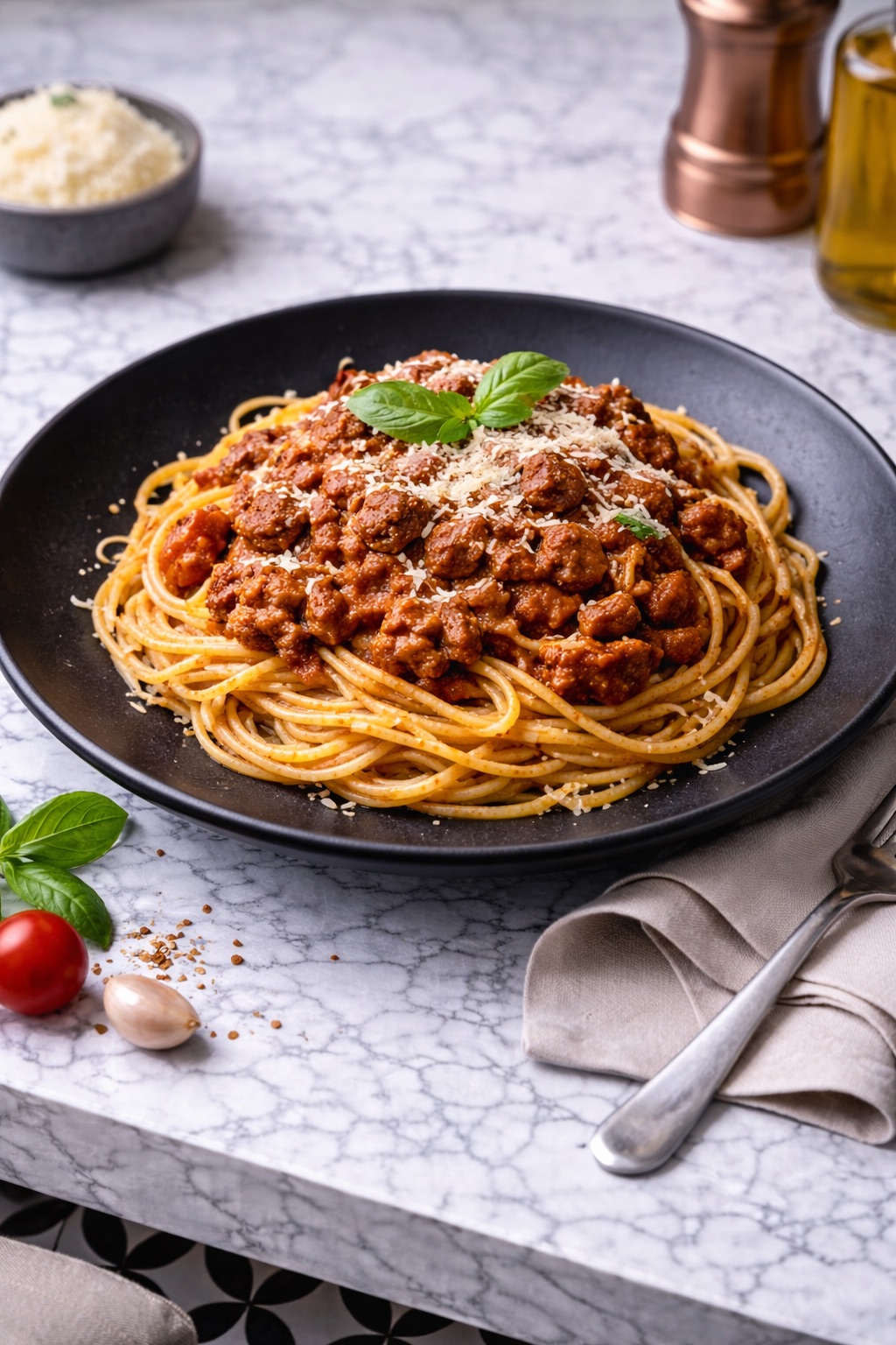 Spagetti Bolonez - Parmesan ve ekmek ile servis edilir.