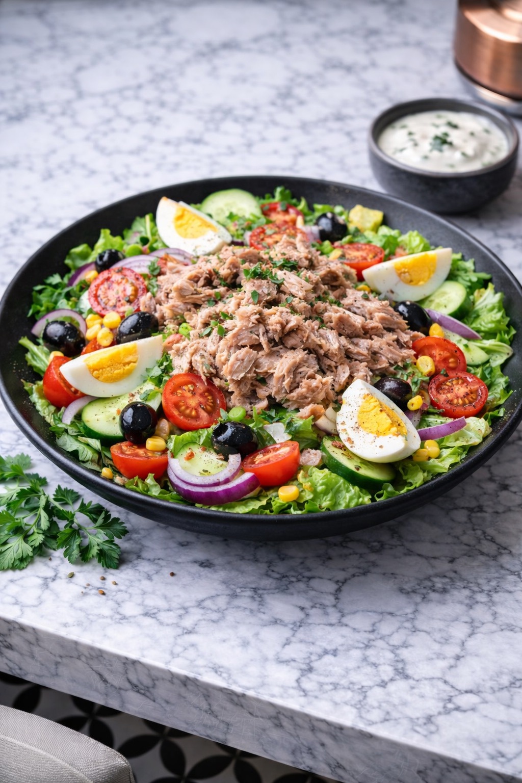 Ton Balıklı Salata - Taze ekmek dilimleri ile servis edilir.