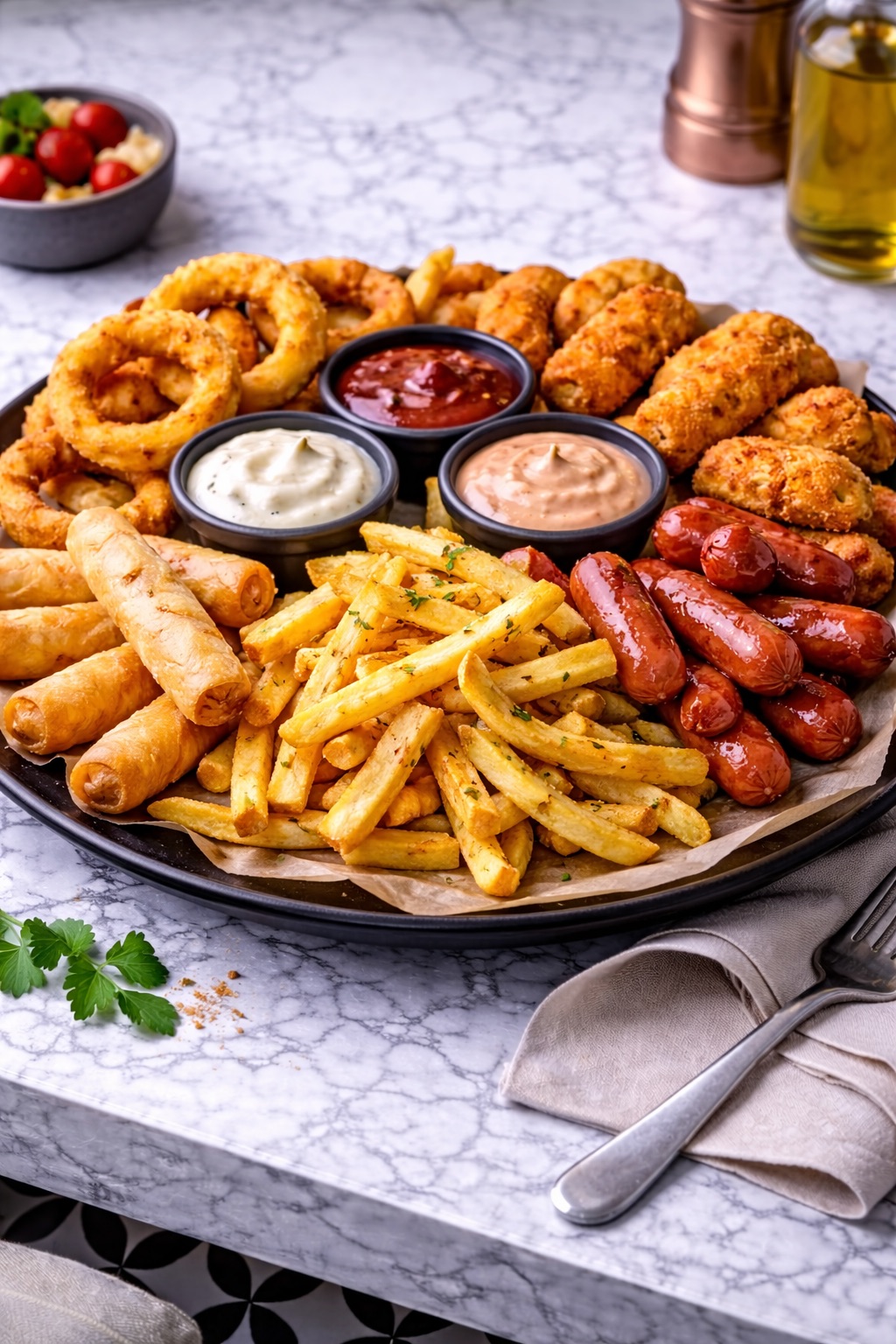 Combo Tabağı - Soğan halkası, nugget, sosis, sigara böreği ve patates kızartması