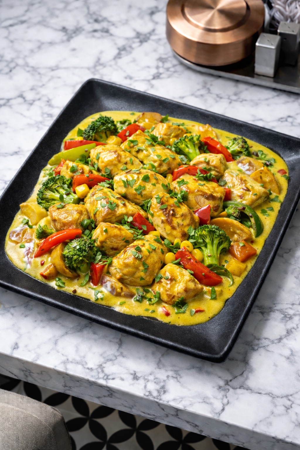 Köri Soslu Tavuk - 150 gr tavuk göğsü, köri sos ve krema. Pilav eşliğinde servis edilir.