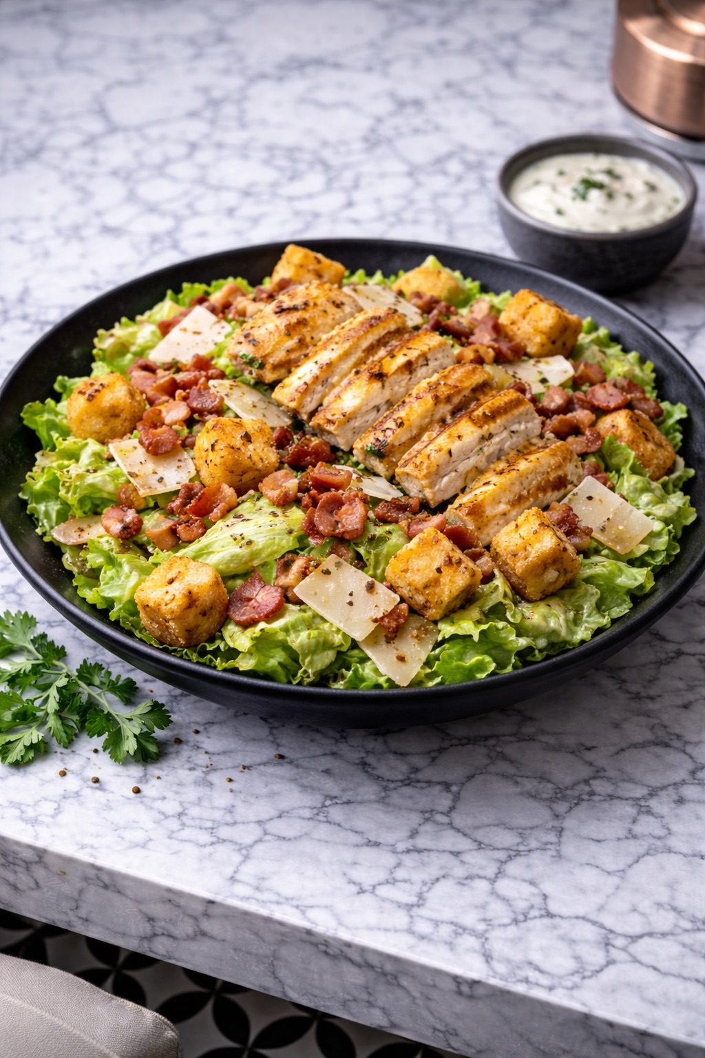 Sezar Salata - Taze ekmek dilimleri ile servis edilir.