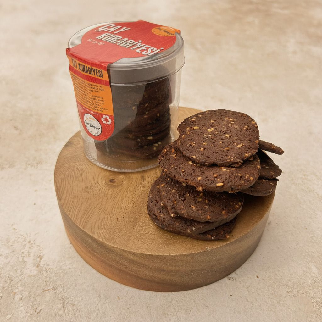 Çay Kurabiyesi - Un, Pudra Şekeri, Antep Fıstığı, Süt, Şeker, Kakao Tozu, Pekmez, Vanilya.