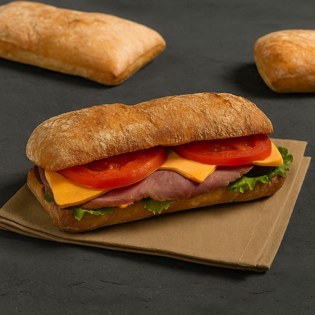 Füme Kaburga Ciabatta Sandviç - Füme Kaburga, Cheddar Peynir, Domates, Kıvırcık.