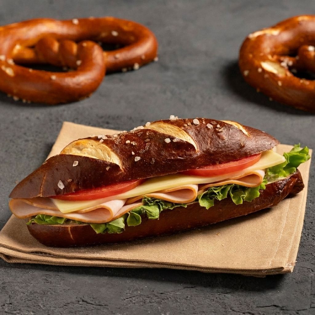 Hindi Füme Bretzel Sandviç - Hindi Füme, Sarımsak, Labne, Kaşar Peyniri, Domates, Marul.