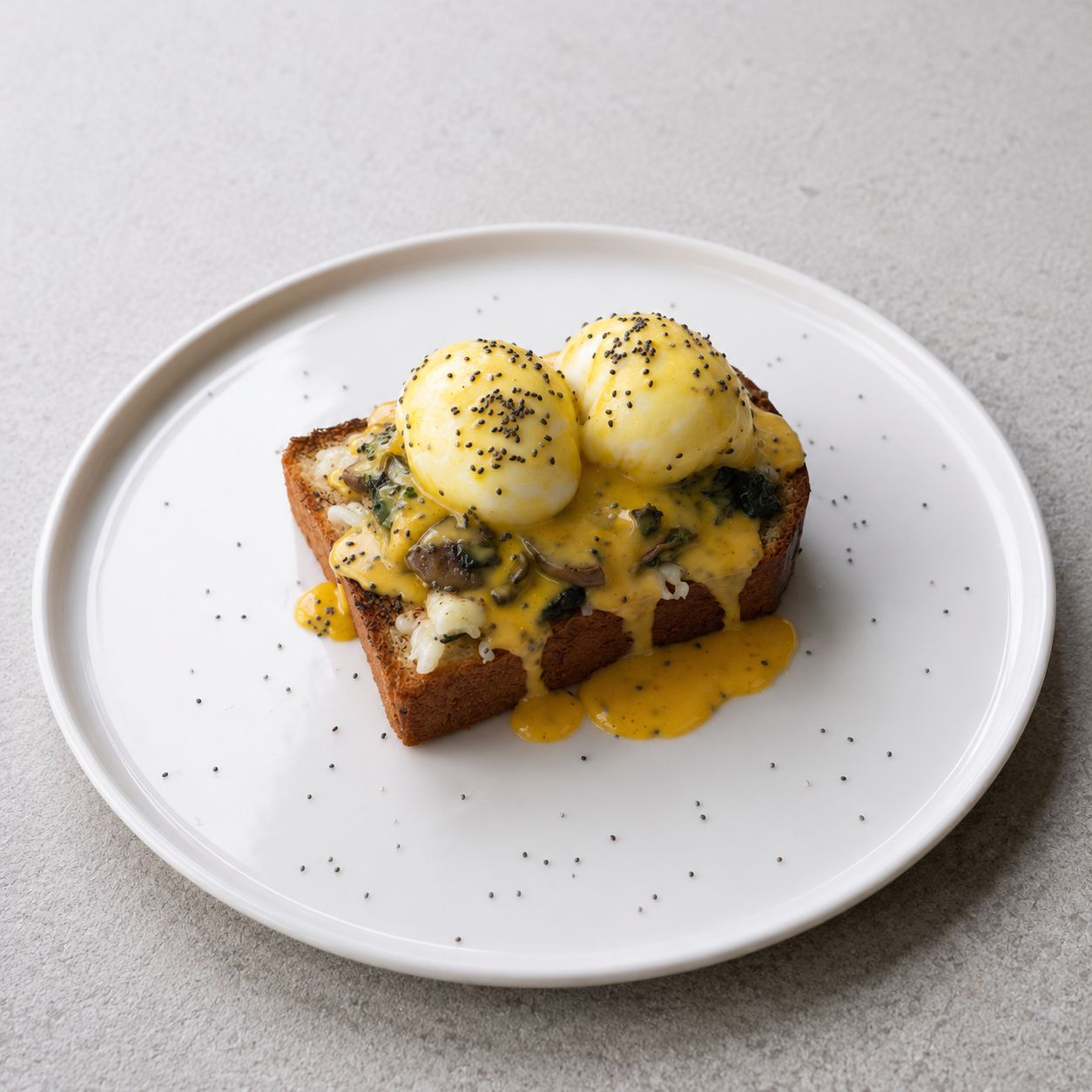 Egg Florentine - Brioche Ekmek, Mozzarella, Mantar, Ispanak, Poşe Yumurta, Hollandez sos.