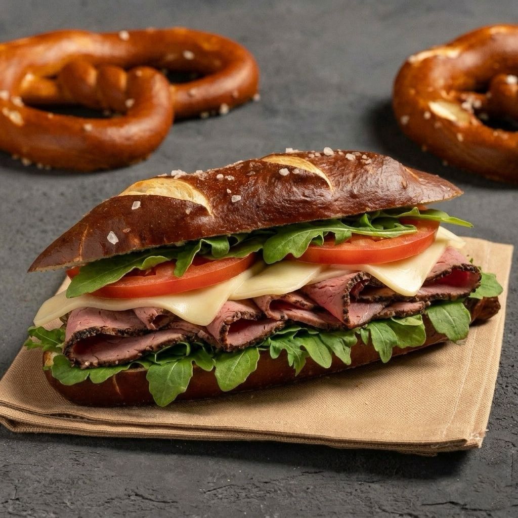 Füme Kaburga Bretzel Sandviç - Roast Beef, Tirokafteri, Roka, Domates, Kaşar Peyniri, Zeytin Ezmesi.