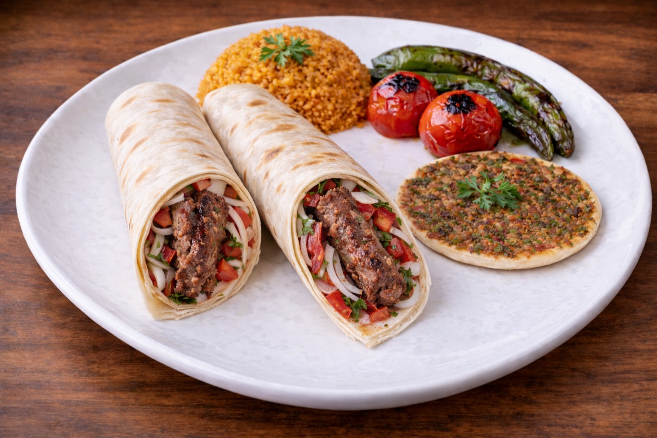 Dürüm Adana Kebap - İnce Lavaş arasında domates, soğan ve ince kıyım maydanoz eşliğinde servis edilir.