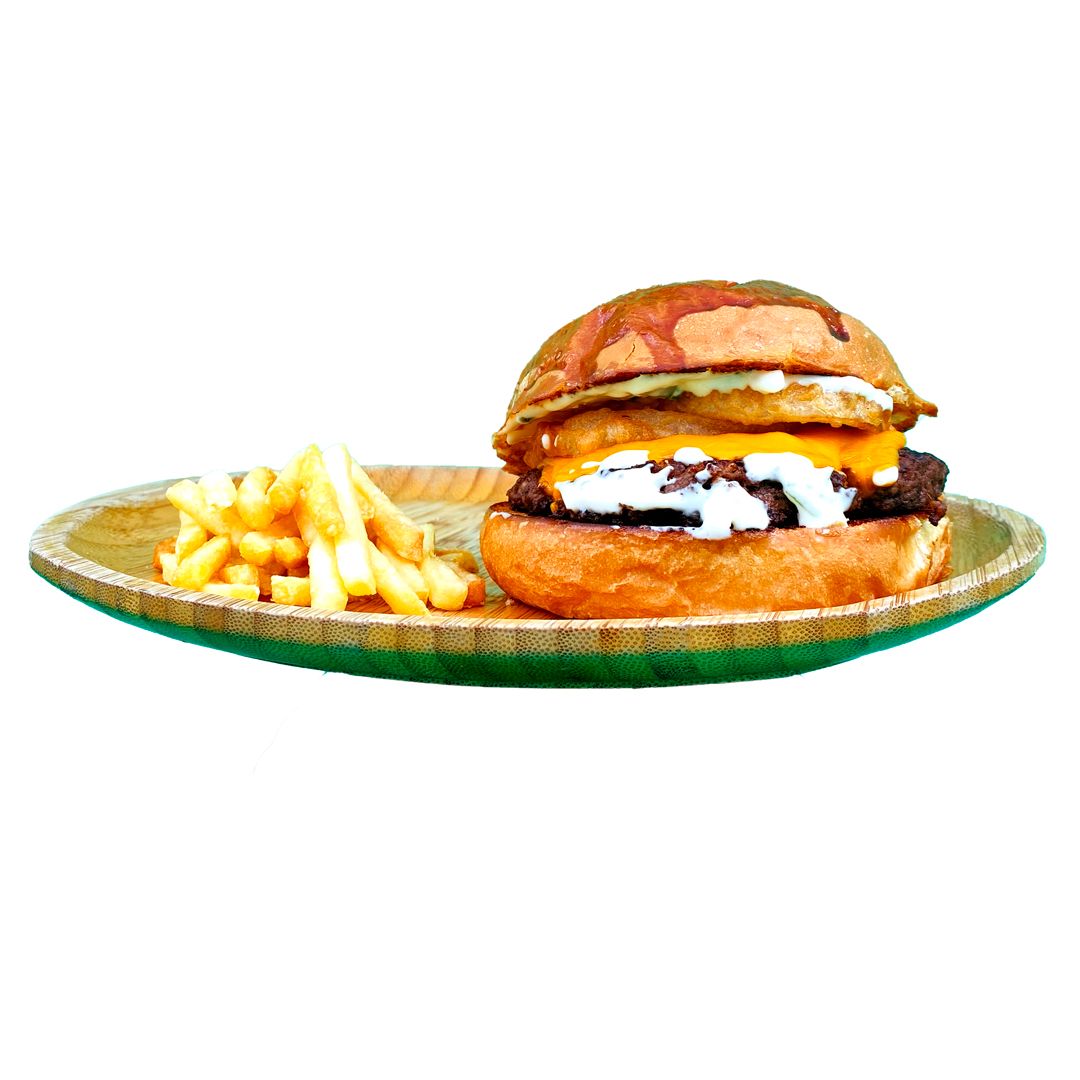 Dana Etli Halka Burger - 120 gr dana eti, soğan halkası, cheddar peyniri, ranch sos, patates kızartması