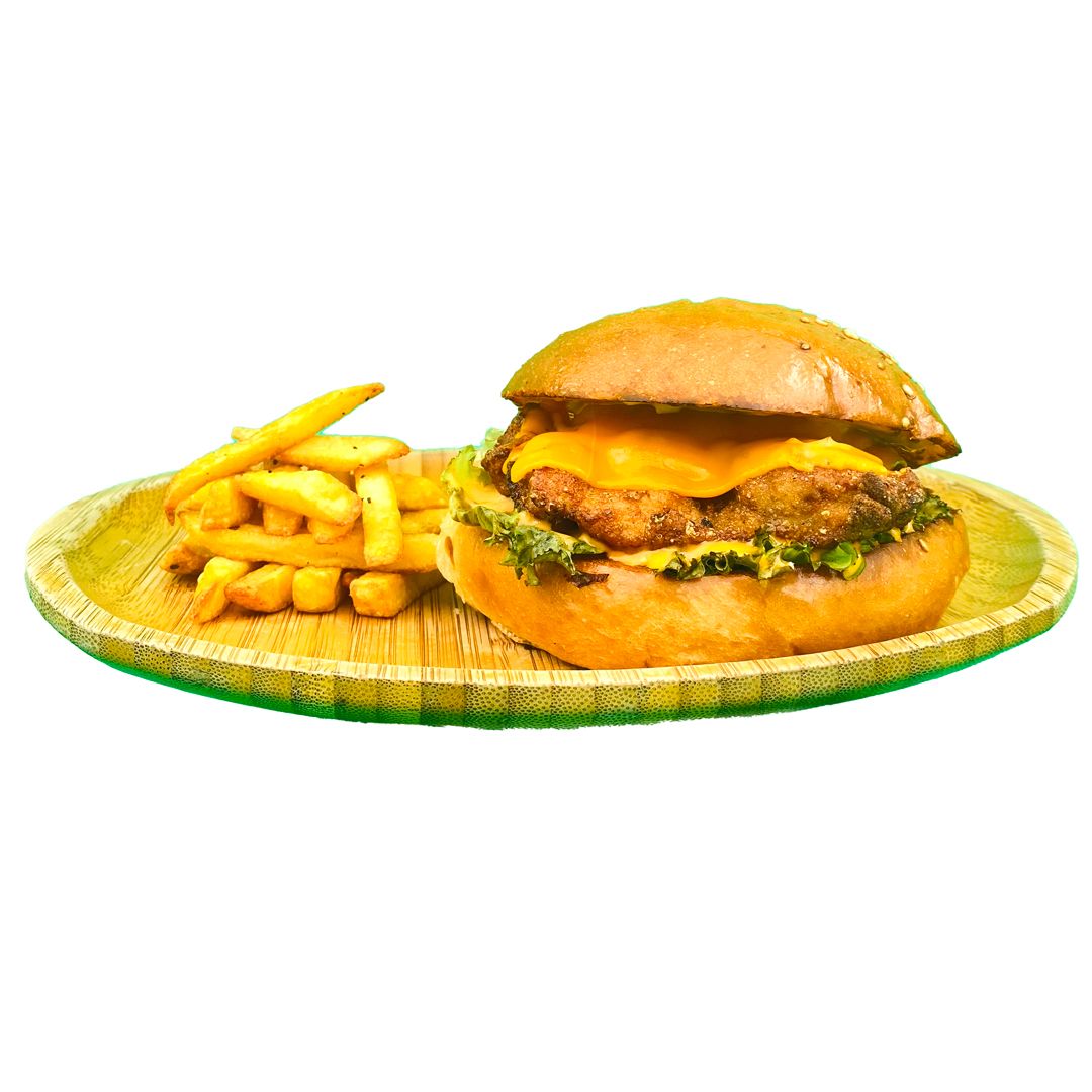 Tavuk Cheeseburger - kızarmış tavuk butu, cheddar peyniri, marul, ranch sos, patates kızartması