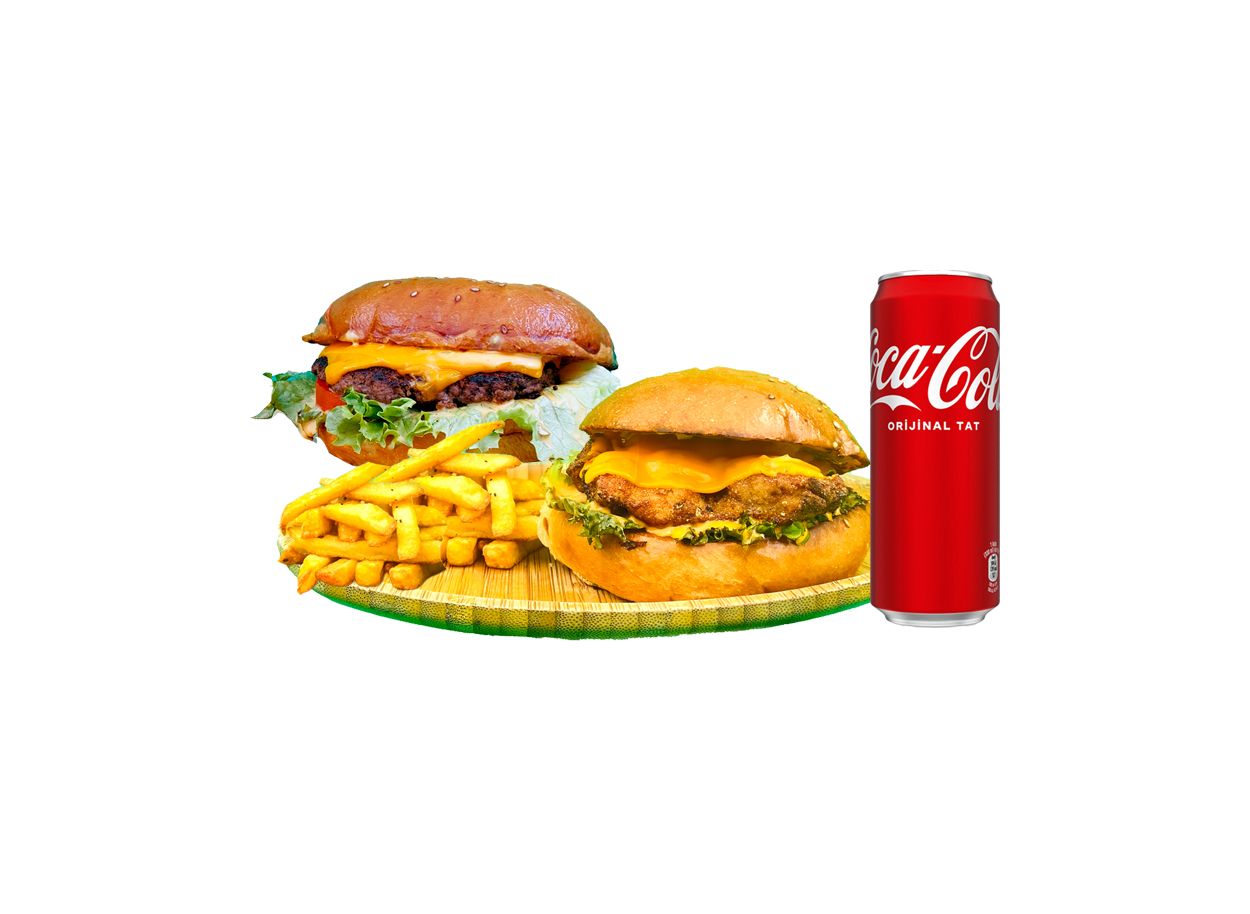 Primus Burger & İçecek Menü - 1 - Dana Cheeseburger, Tavuk Cheeseburger, 1 Kızarmış Patates, 1 Coca Cola