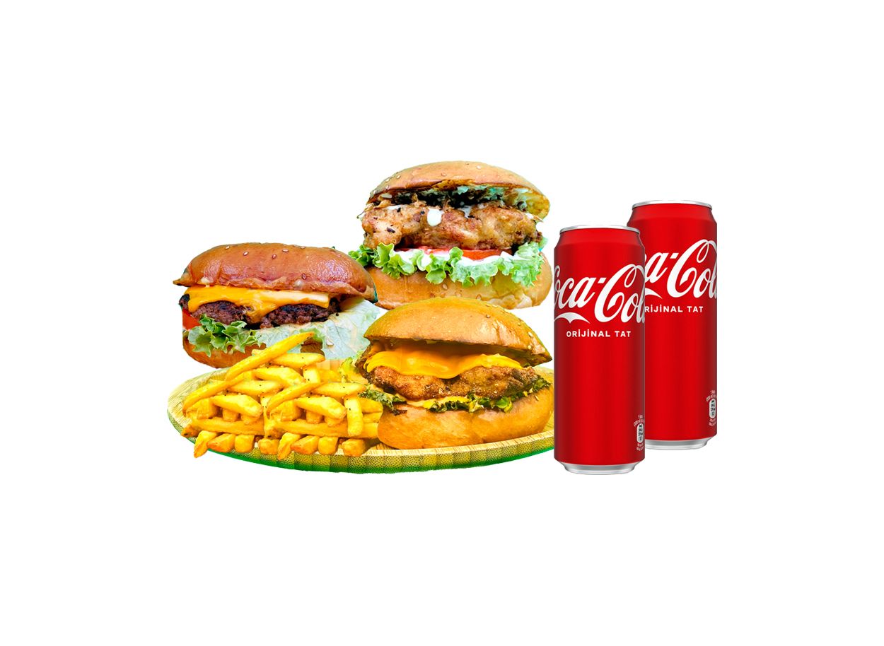 Primus Burger & İçecek Menü - 3 - Dana Cheeseburger, Tavuk Cheeseburger, Ranch Soslu Tavuk Burger, 2 Kızarmış Patates, 2 Coca Cola