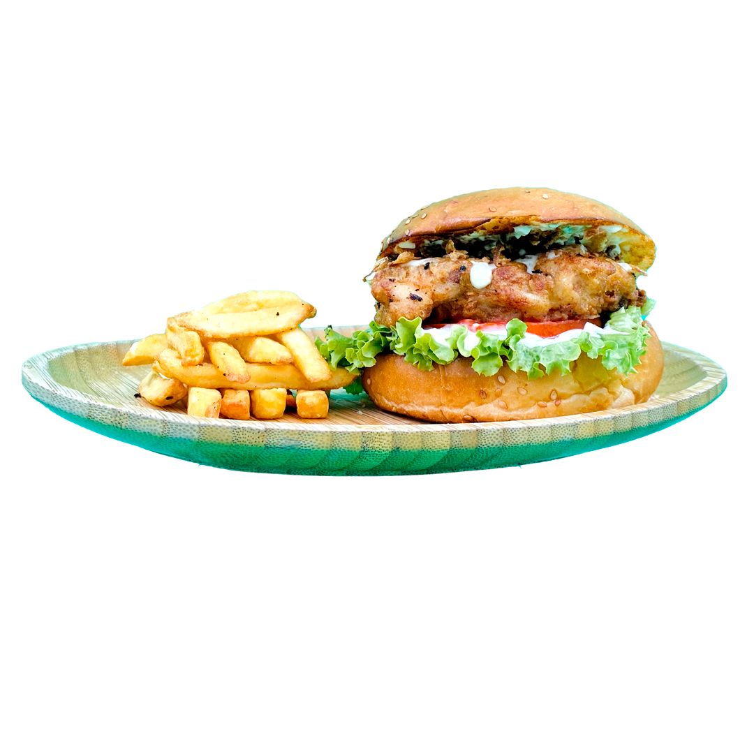 Ranch Soslu Tavuk Burger - kızarmış tavuk butu, marul, domates, kıtır soğan, ranch sos, patates kızartması