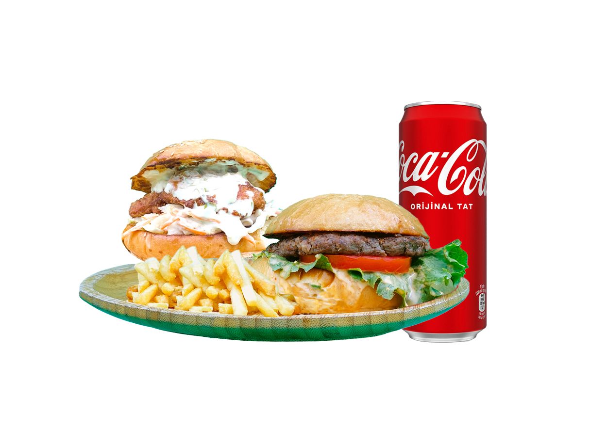 Primus Burger & İçecek Menü - 2 - Klasik Dana Burger, Coleslaw Tavuk Burger, 1 Kızarmış Patates, 1 Coca Cola