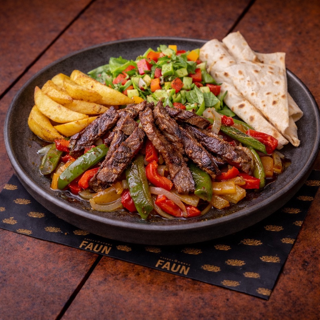 Et Fajita - Bonfile Dilimleri, Kapya, Köy Biberi, Soğan, Elma Dilim Patates, Mevsim Salata, Lavaş
