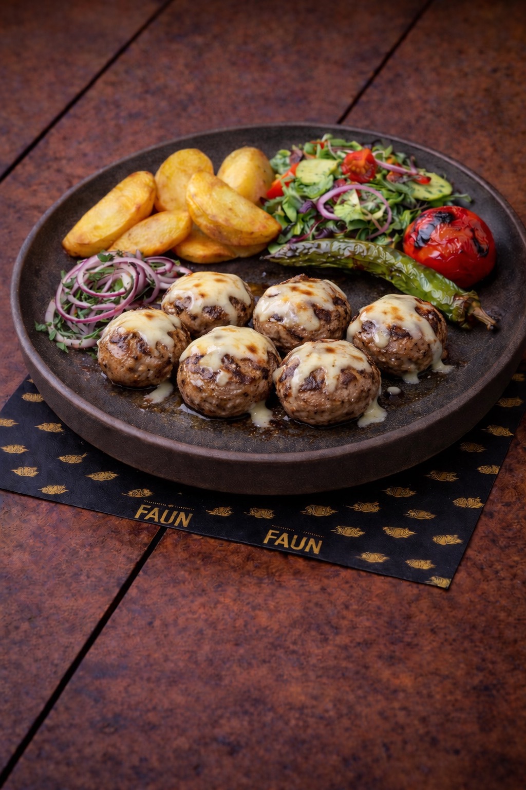 Izgara Kaşarlı Köfte - Kasap Köfte, Soğan, Biber, Domates, Kaşık Patates, Mevsim Salata, Lavaş (Kaşar)