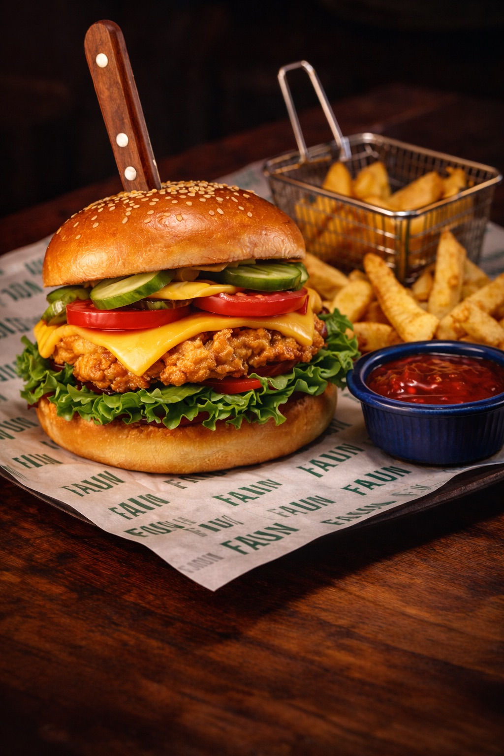 Çıtır Tavuk Burger - Çıtır Tavuk Parçaları, Domates, marul, Turşu, cheddar sos, Kaşık patates