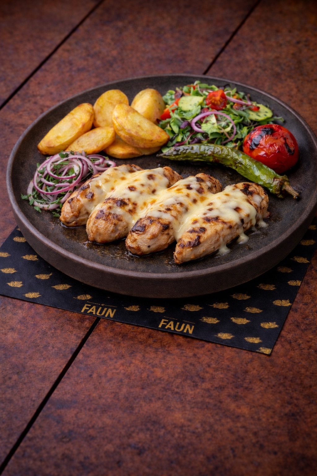 Izgara Kaşarlı Tavuk - Tavuk Bonfile Izgara, Soğan, Domates, Biber, Kaşık Patates, Mevsim Salata, Lavaş (Kaşar)