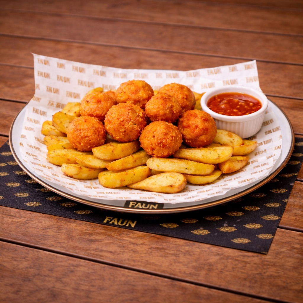Cheddar Topları - Kaşık Patates, Cheddar Topları, Soğan Halkası, Dip Sos