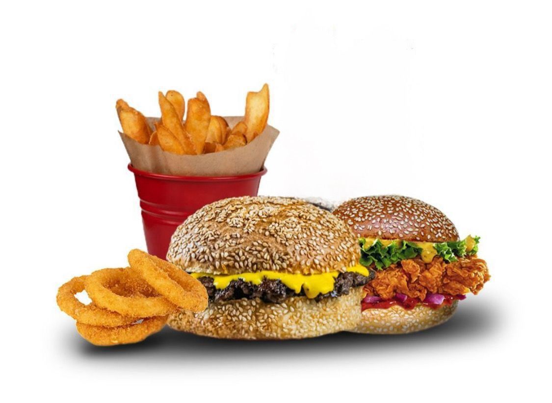 Friends Menü 2 🍗 🍔 - 1 Adet Jr. Cheeseburger ,1  Adet Jr. Chicken Burger, Baharatlı Orta Boy Patates Kızartması, Soğan Halkası ( 4 adet ), 2 Adet 200ml İçecek