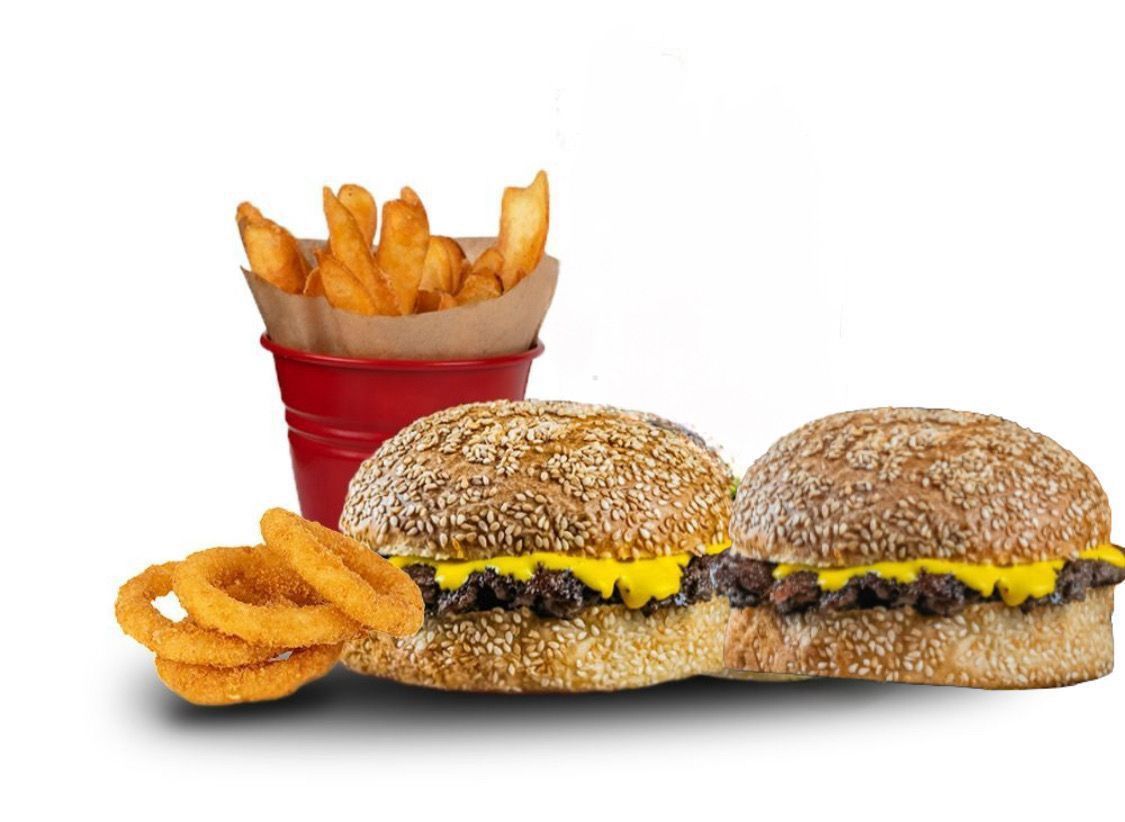 Friends Menü 3  🍔 🍔 - 2 Adet Jr. Cheeseburger, Baharatlı Orta Boy Patates Kızartması, Soğan Halkası ( 4 adet ), 2 Adet 200ml İçecek