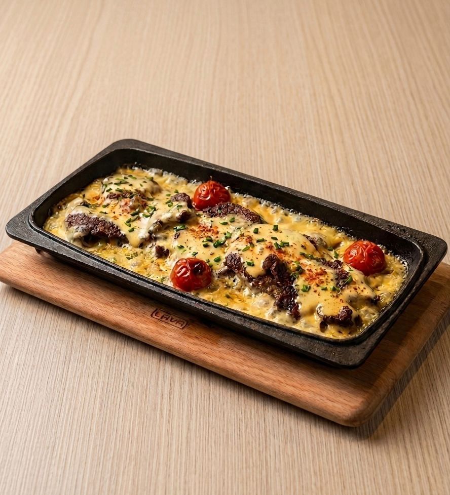 CHEDDAR PEYNİRLİ FÜME ANTRİKOT - "ÖZEL BAHARATLAR VE TAZE OTLARLA (KEKİK, BİBERİYE) SOTELENMİŞ FÜME ANTRİKOT; KREMA VE CHEDDAR PEYNİRİNİN DÖKÜM TAVADA SUNDUĞU SICAK LEZZET ŞÖLENİ."