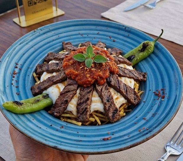 ÇÖKERTME KEBABI - İNCE DİLİMLENMİŞ BONFİLE, ÇITIR KİBRİT PATATES ÜZERİNDE SARIMSAKLI YOĞURT VE TEREYAĞLI DOMATES SOS İLE SERVİS EDİLİR. KEKİK VE ÖZEL BAHARATLARLA LEZZETLENDİRLİR.
