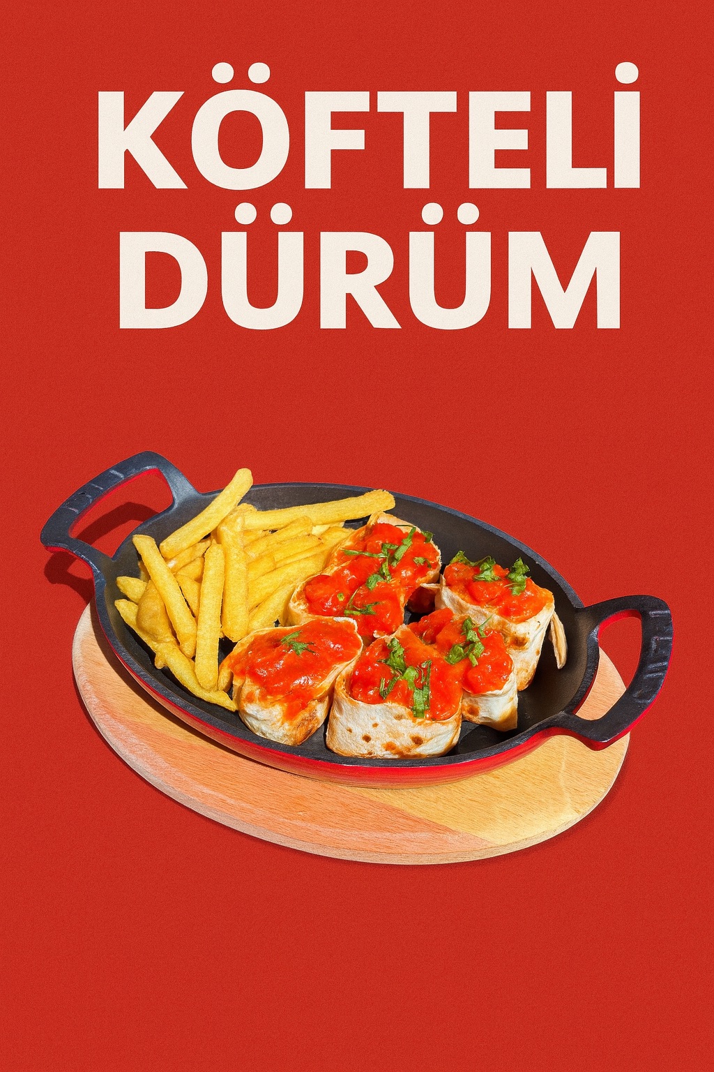 KÖFTELİ DÜRÜM - 160 gr Köfte,Göbek(20gr). Kokteyl Sos,Salsa Sos ve Patates(150gr) ile servis edilir