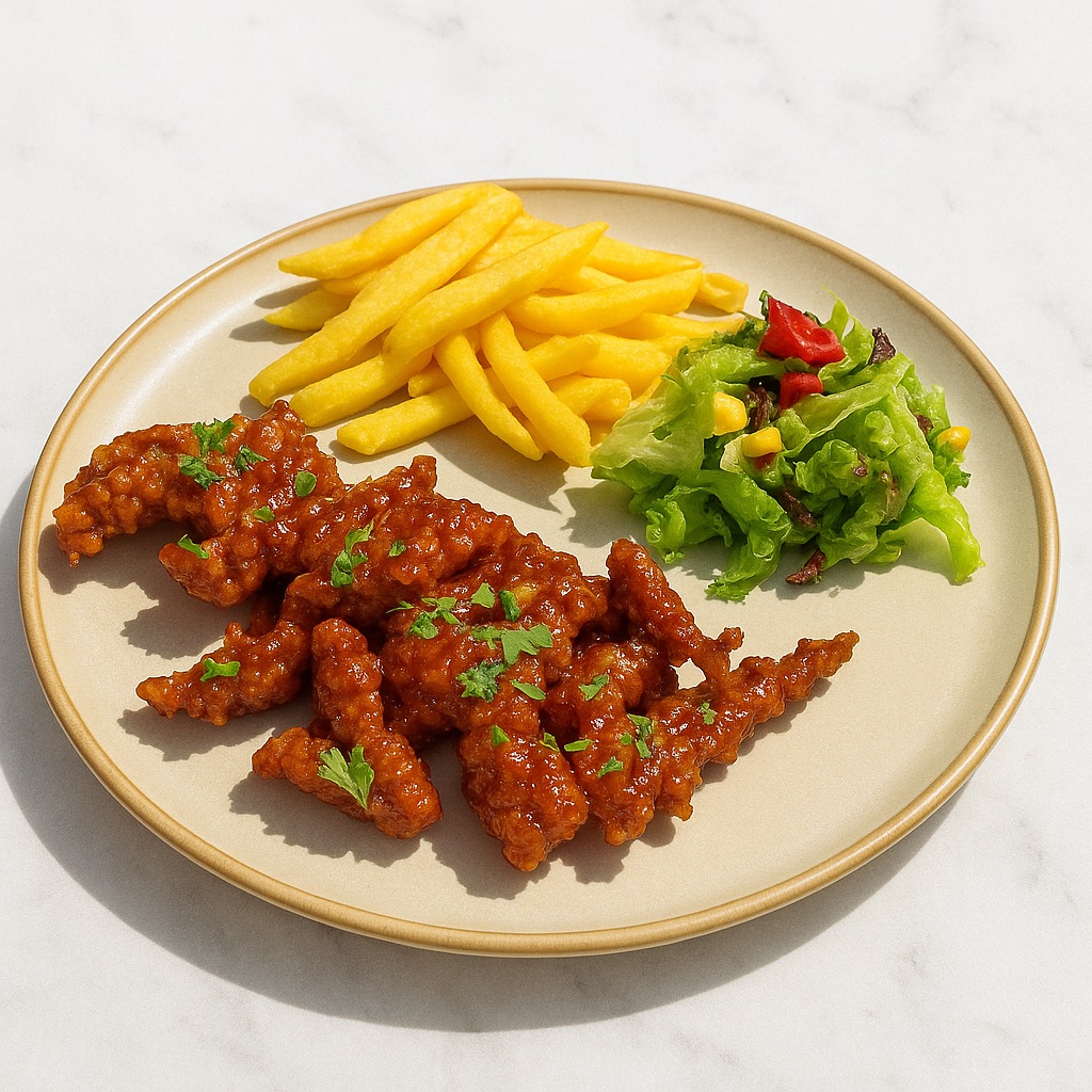 Teriyaki Tavuk - Tavuk(180gr), Teriyaki sos, Patates(150gr) ve Salata ile servis edilir