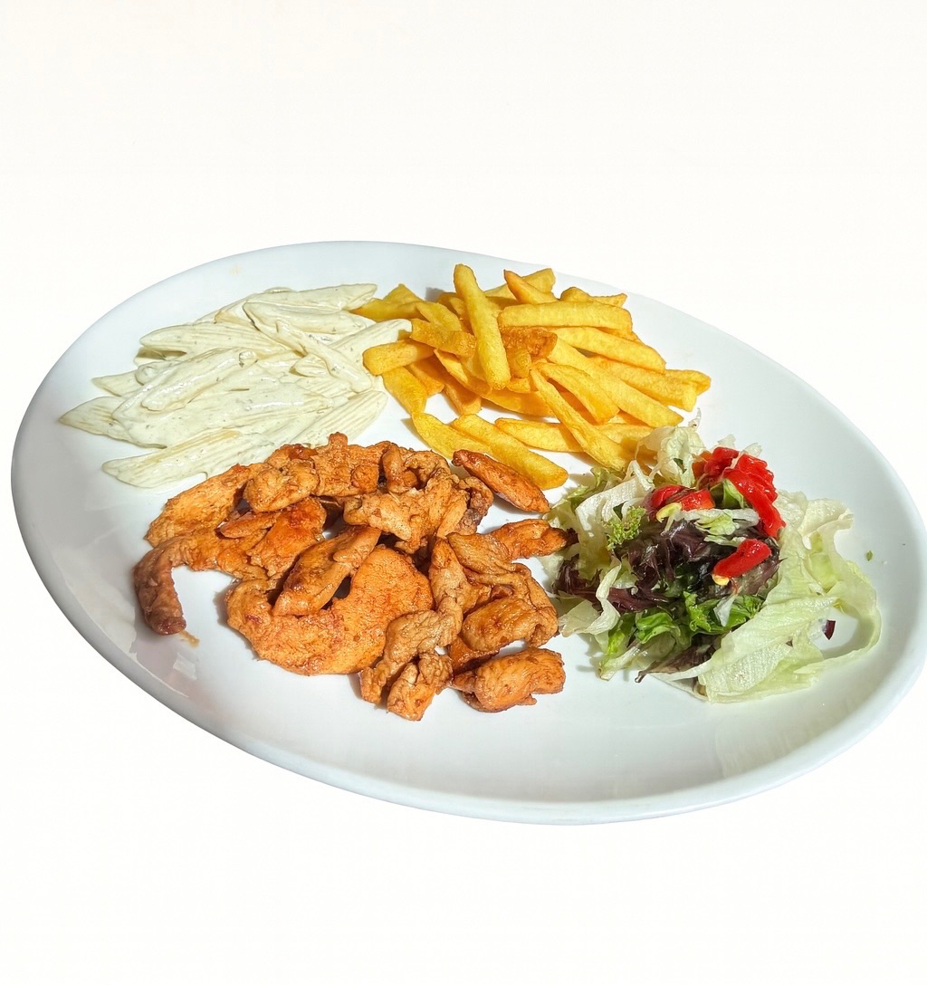 Soya Soslu Tavuk - Tavuk Göğüs (200gr), Penne (100gr), Krema (100gr), Parmak Patates (150gr), Mix Yeşillik (50gr)