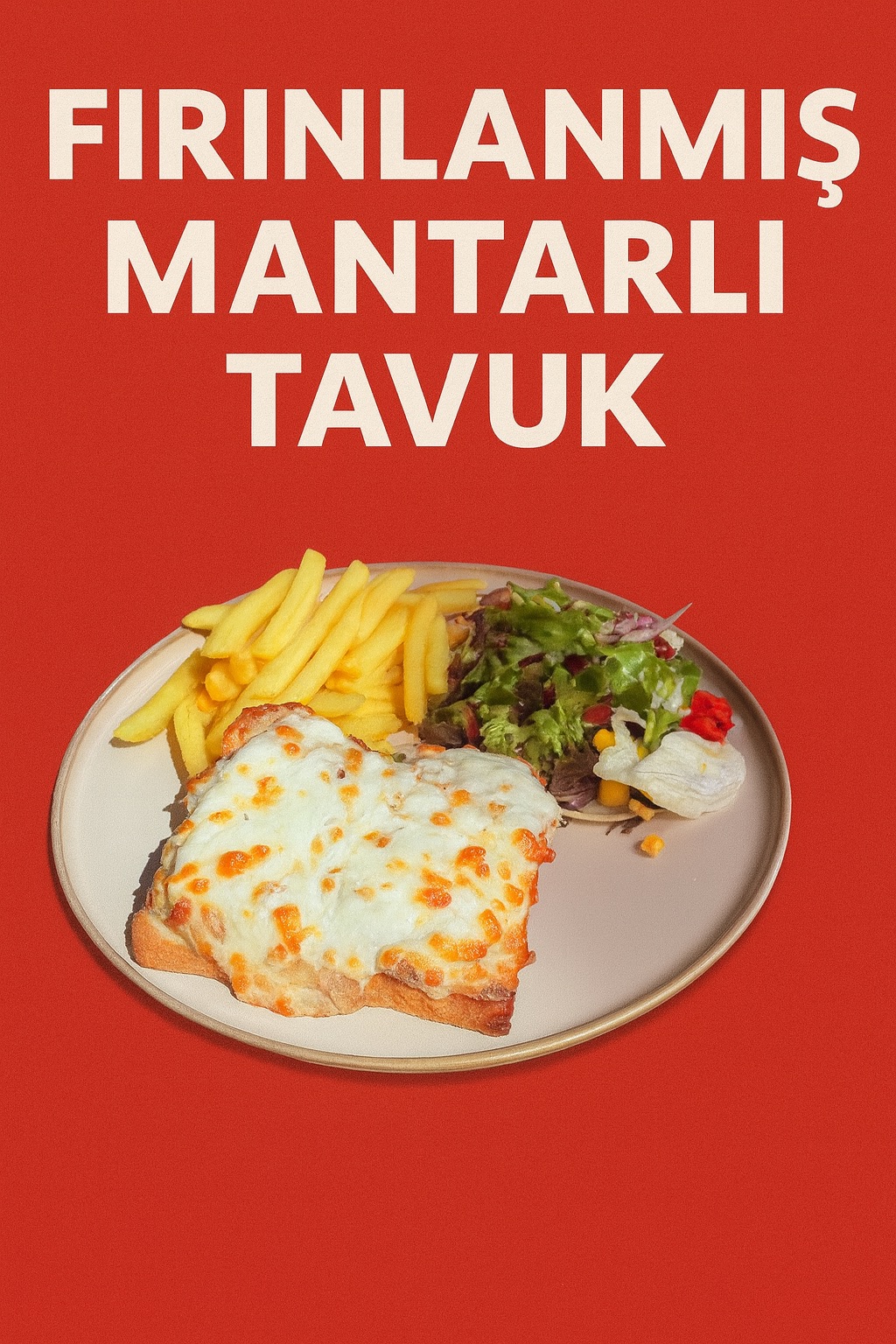 FIRINLANMIŞ MANTARLI TAVUK - Julienne Tavuk(150gr), Mantar(50gr), Krema, Mozarella Peyniri, Patates(150gr) ve Salata ile servis edilir