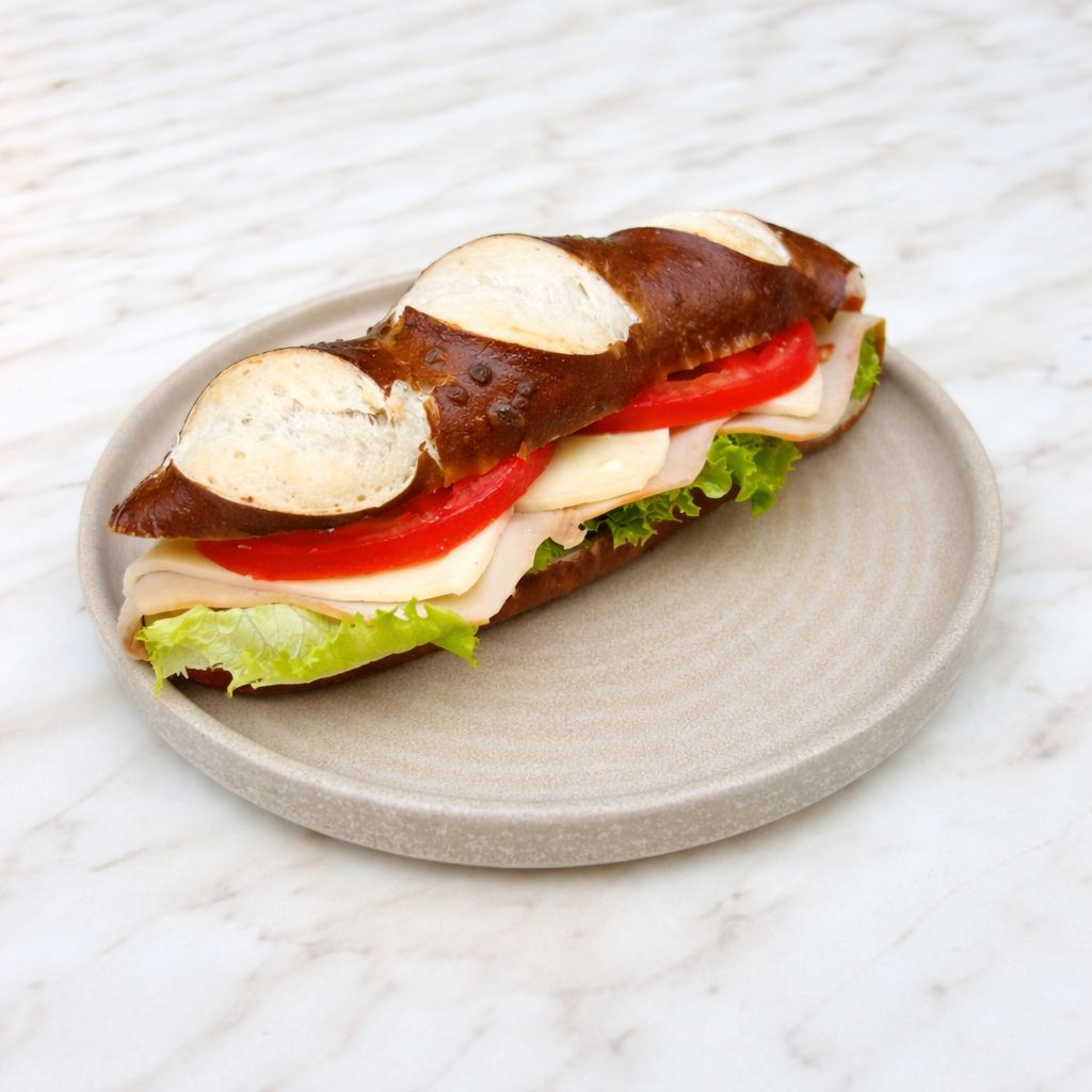 Bretzel Sandviç - Hindi Füme, Kaşar Peynir, Domates, Kıvırcık.