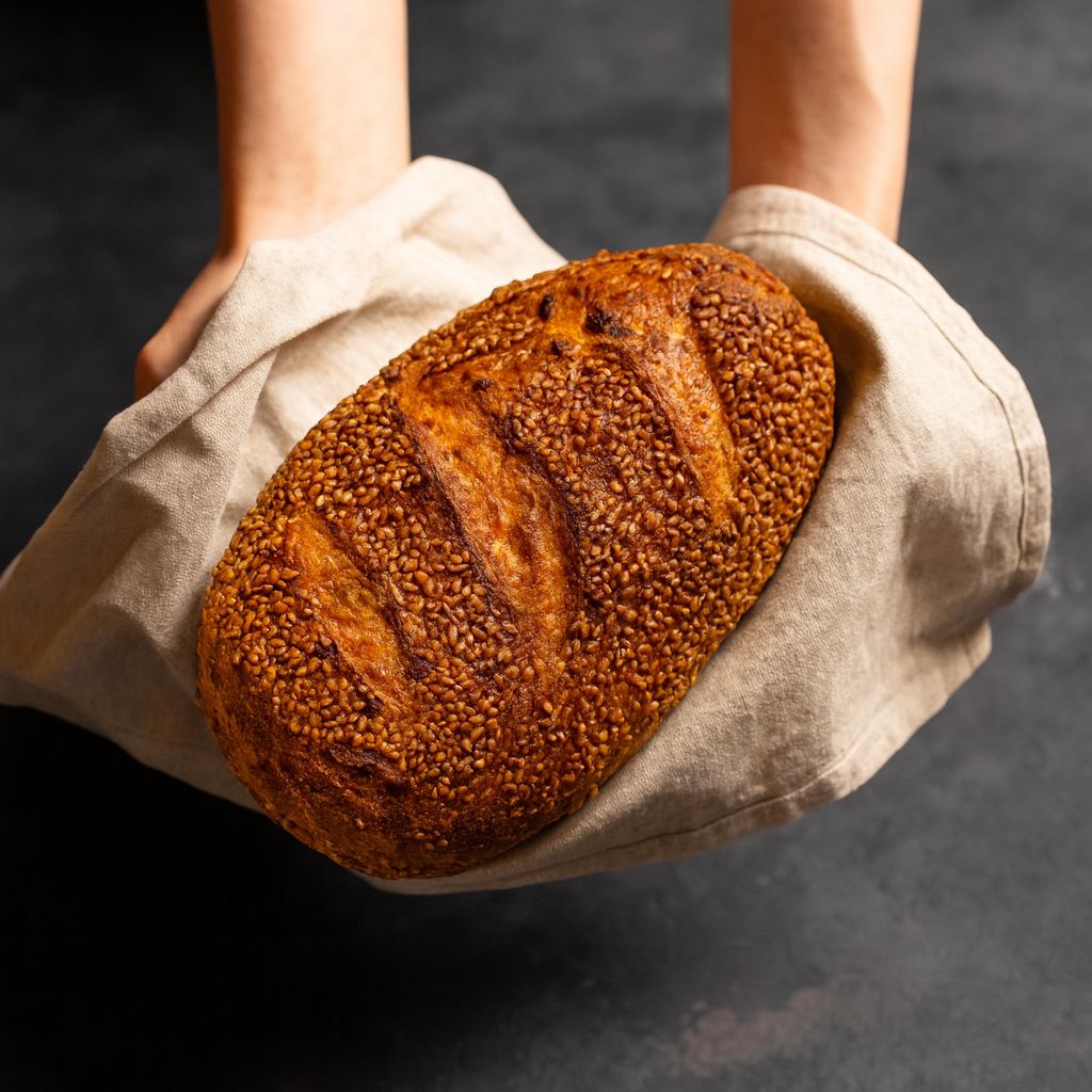 Ekşi Mayalı İspanyol Ekmeği - Beyaz Un, Sarı Buğday Unu, Popcorn, Ay Çekirdeği, Hardal, Zerdeçal. 600gr. (Yalnızca Cumartesi ve Pazar günleri mevcuttur.)