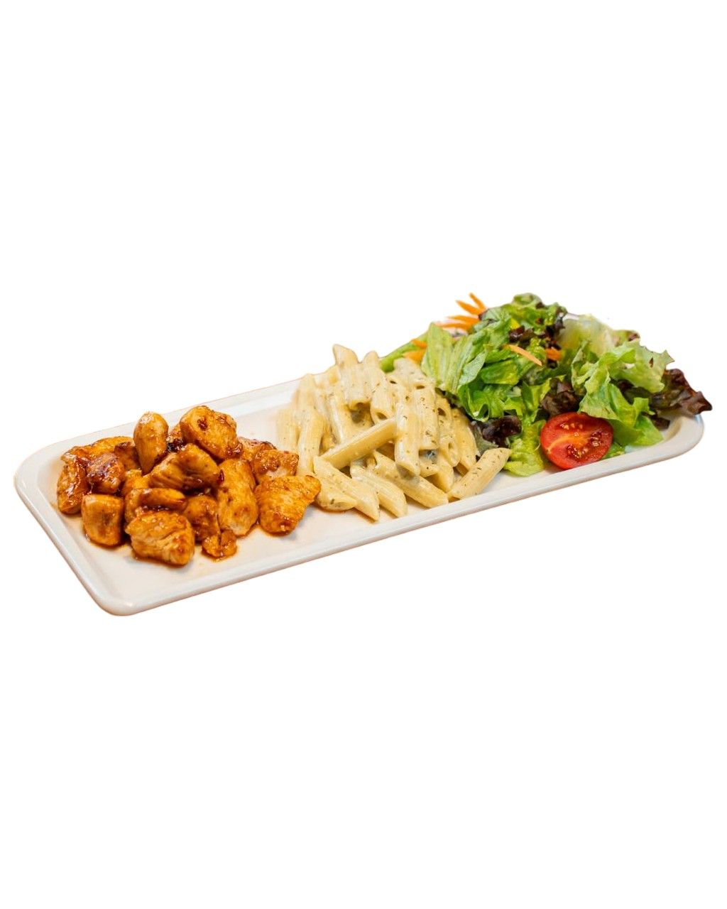 Acılı Lokum Tavuk - Acılı lokum soslu tavuk, kremalı makarna ve akdeniz salatası ile