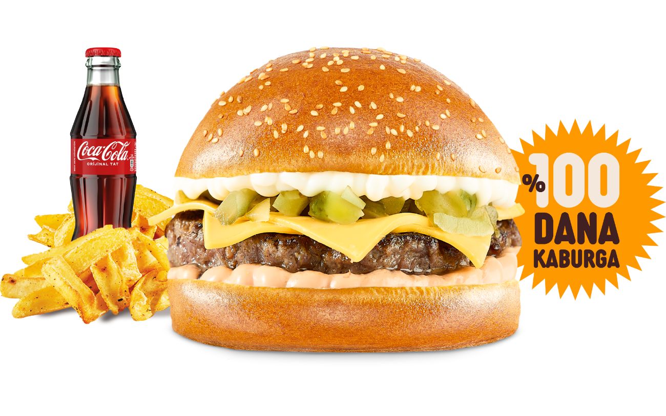 Beef Cheese - %100 Dana kaburgadan yapılan 100 gr smash köfte, cheddar peyniri, turşu, mayonez, özel sos, patates cips ve içecek ile birlikte