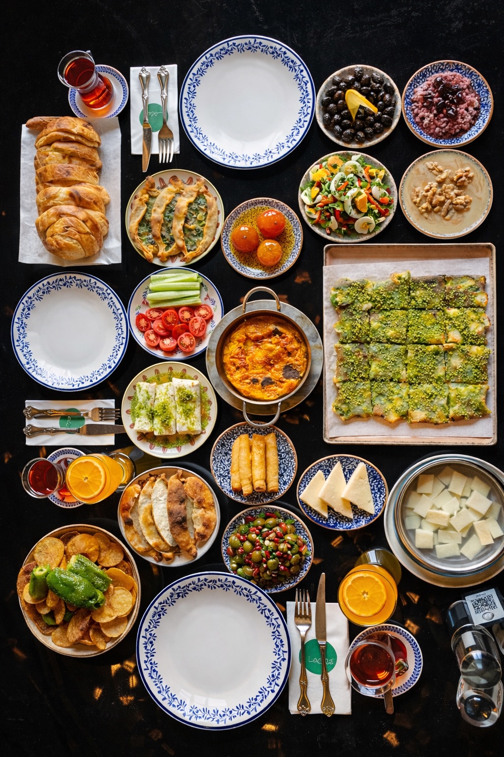 Serpme Kahvaltı - Gaziantep peyniri, ezine peyniri, sahan kaymaklı süzme bal, lor peynirli vişne reçeli, tane cevizli tahin pekmez, mandalina reçeli, siyah zeytin, Antep zeytinlisi, yumurta piyazı, yaprak köy patatesi, domates salatalık söğüş, şekerli börek, Gaziantep peynirli fırın börek, sigara böreği, kasap sucuklu yumurta. Not : En az 2 kişilik servis edilir ve kişi başı fiyattır. Görseldeki katmer ve portakal suyu ekstradır.