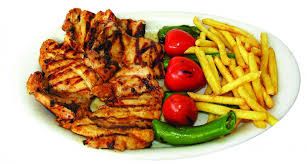 Tavuk Izgara - Patates kızartması, köz biber, köz domates ve pilav ile servis edilir.