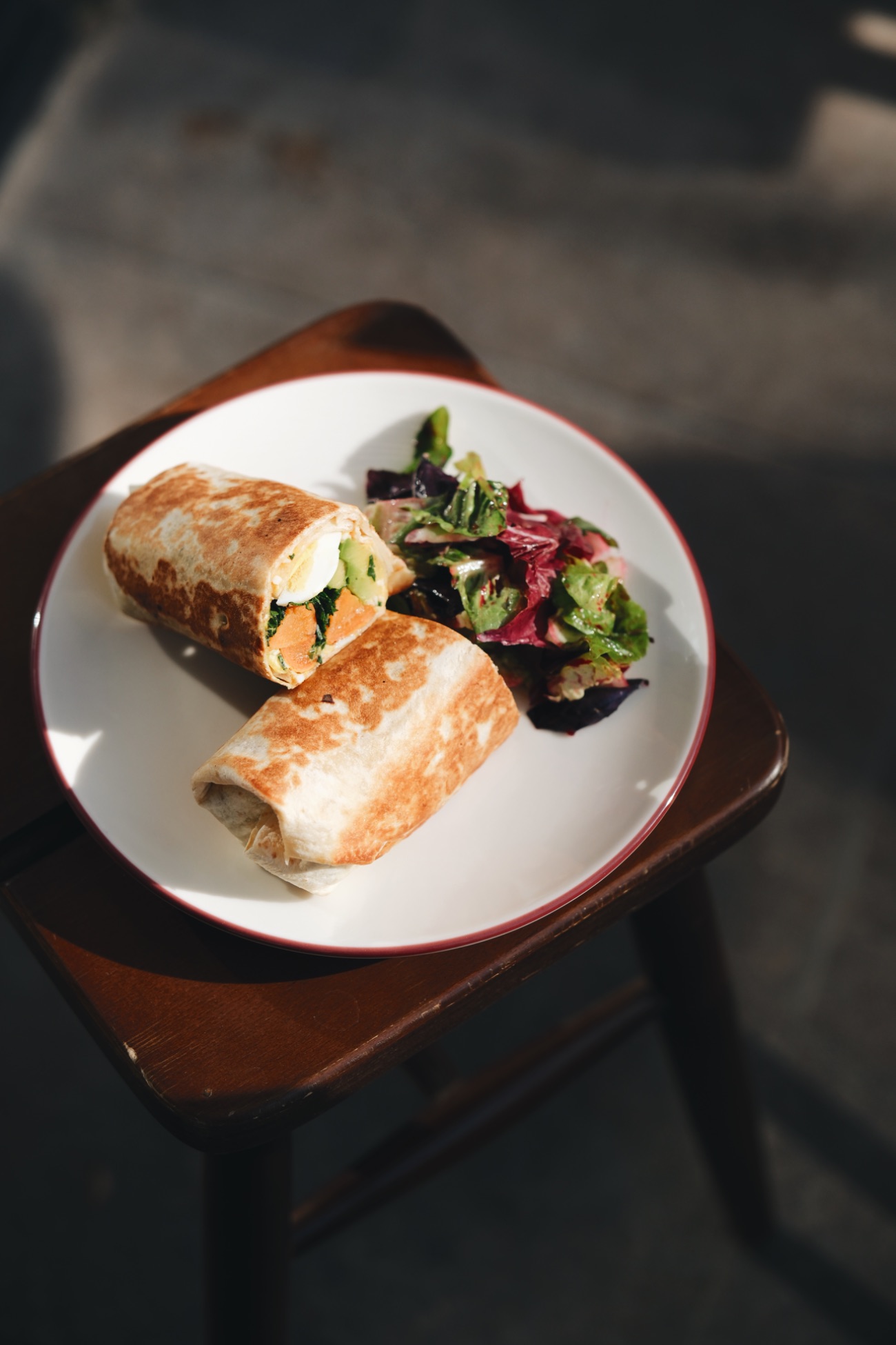Haşlanmış Yumurta Wrap - tortilla, haşlanmış yumurta, baby ıspanak, hindi füme, avokado, tatlı patates, yumurta mayonezi