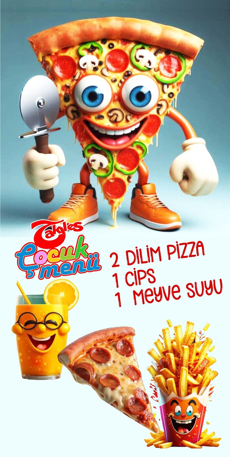 TAKILES ÇOCUK MENÜ - 2 Dilim Pizza,1 Cips,1 kutu meyve suyu