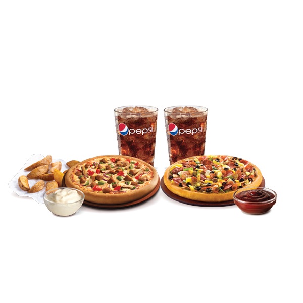 عرض 1 - 2 بيتزا وسط اي اختيار + 1 بطاطا ويدجز + بيبسي + 2 صوص + 2 بيبسي + 2 صوص