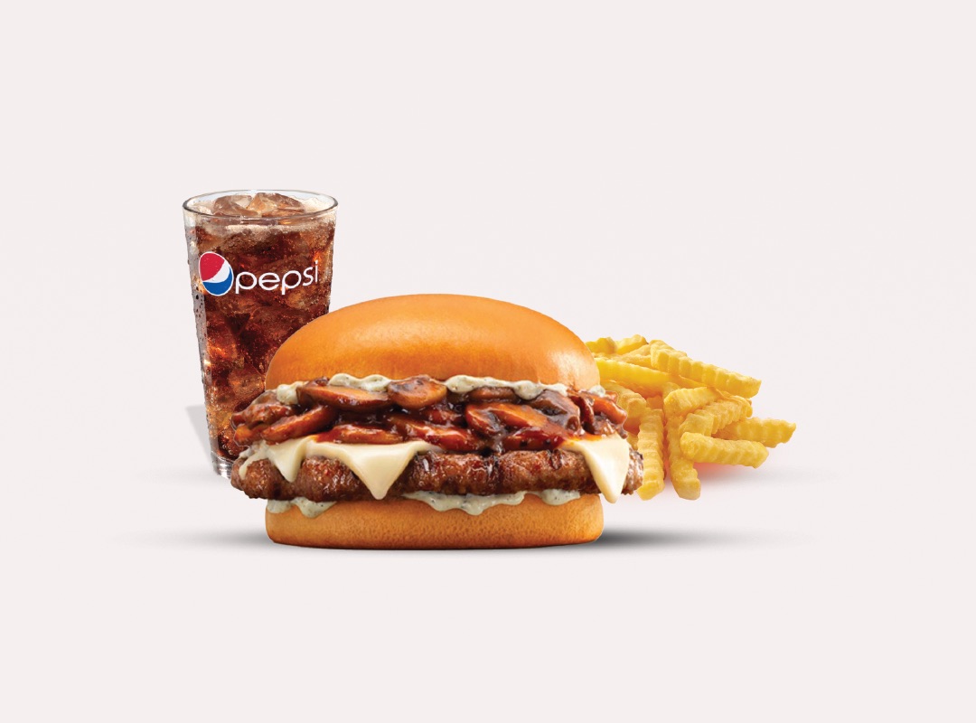 مشروم برجر - مشروم اند سويس لحم بقري صافي 100% مشوي مع صوص المشروم المميز الخاص والجبنه السويسريه الذائبه داخل خبز السمسم