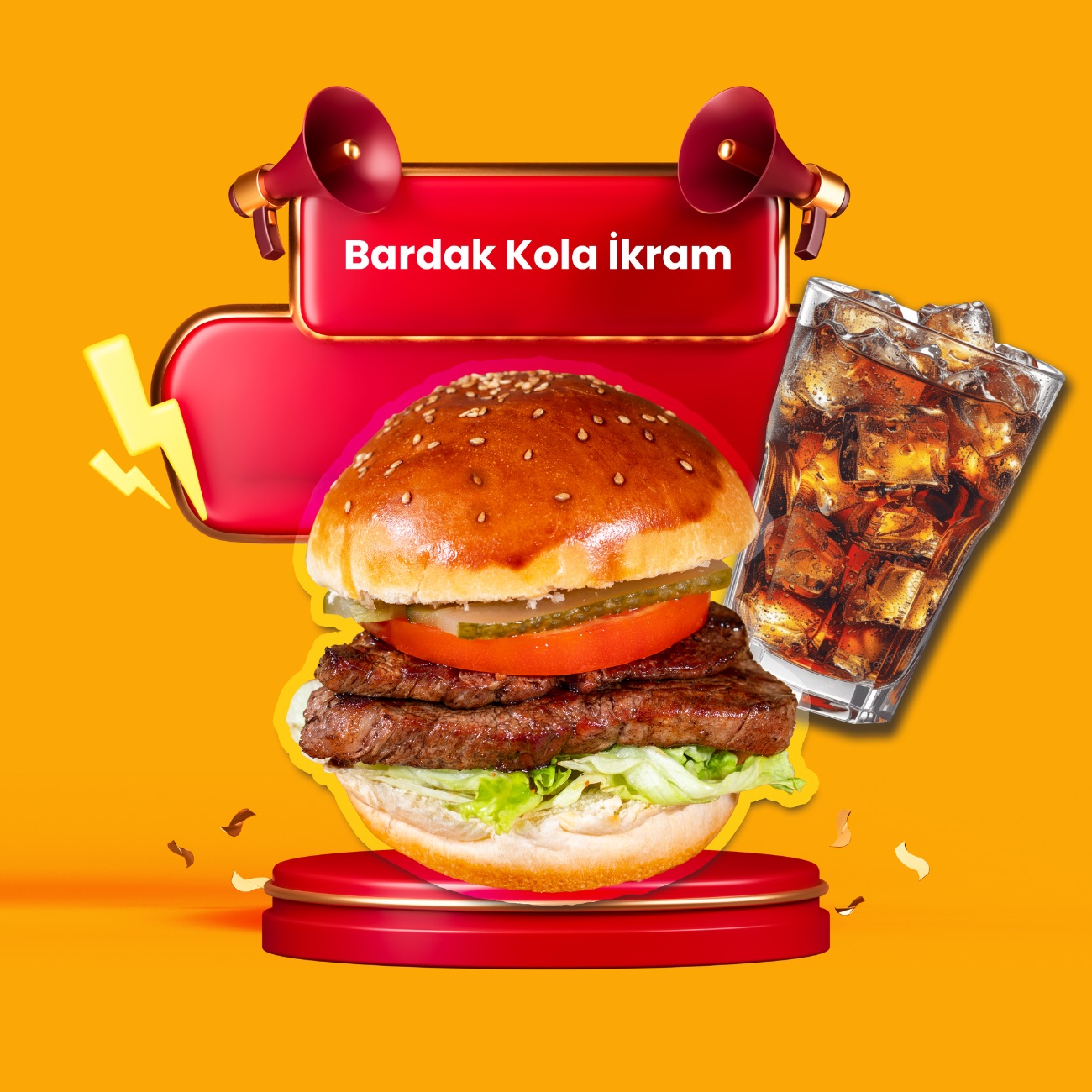 Bütün hamburgerlerin yanında bardak kola ikram.